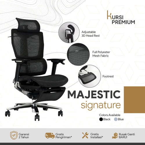 MAJESTIC Signature Kursi Premium Ergonomis Untuk Kantor Gamer Mesh Hitam Biru Bergaransi