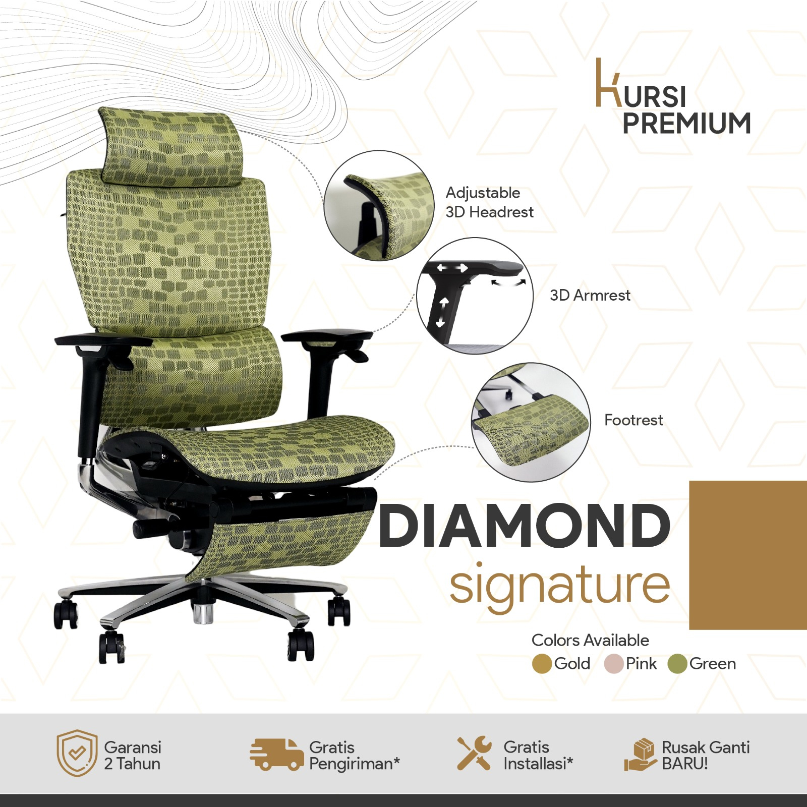 DIAMOND Signature Kursi Premium Ergonomis Untuk Kantor Gamer Mesh Hijau Gold Pink Bergaransi - Green