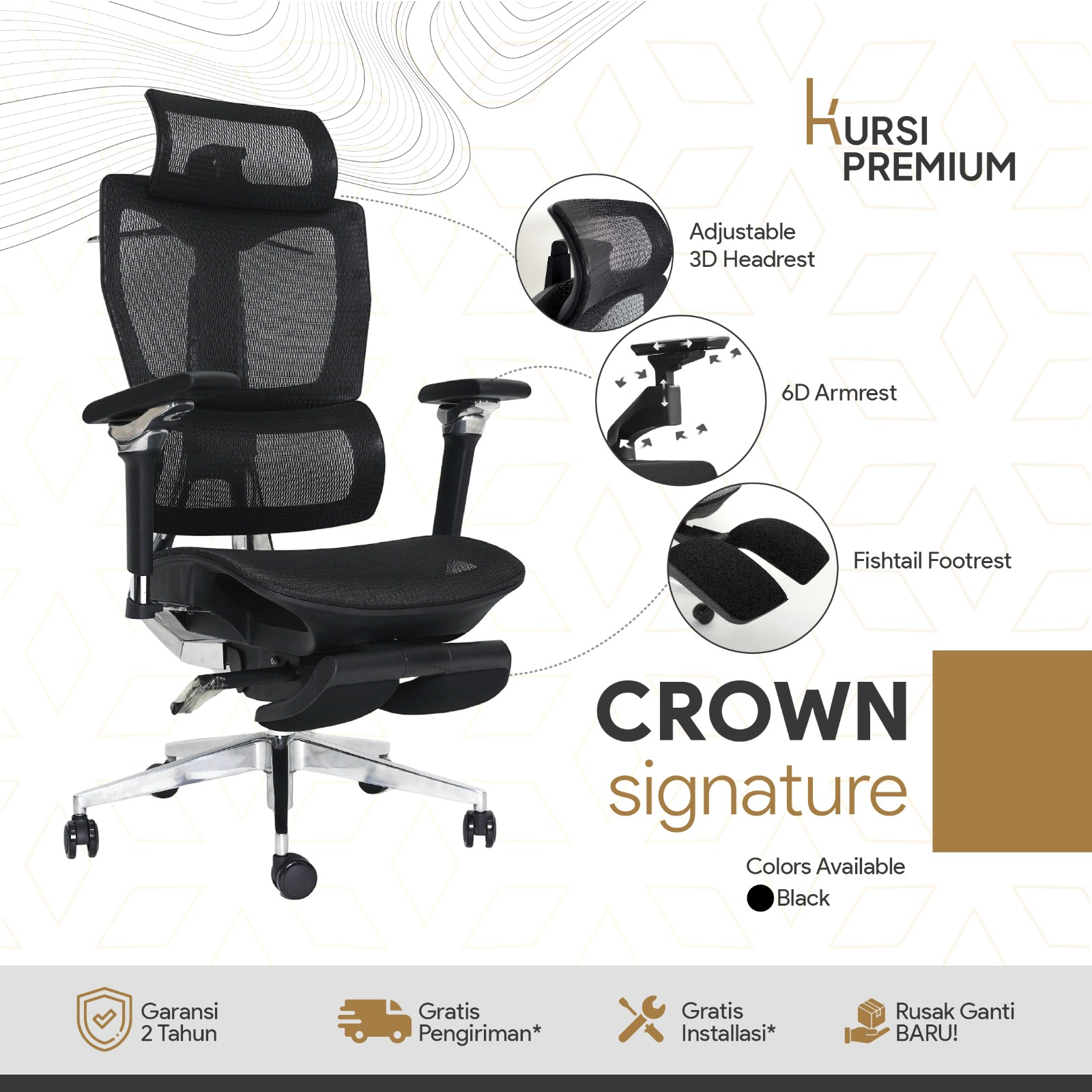 CROWN Signature Kursi Premium Ergonomis Untuk Kantor Gamer Mesh Hitam Bergaransi