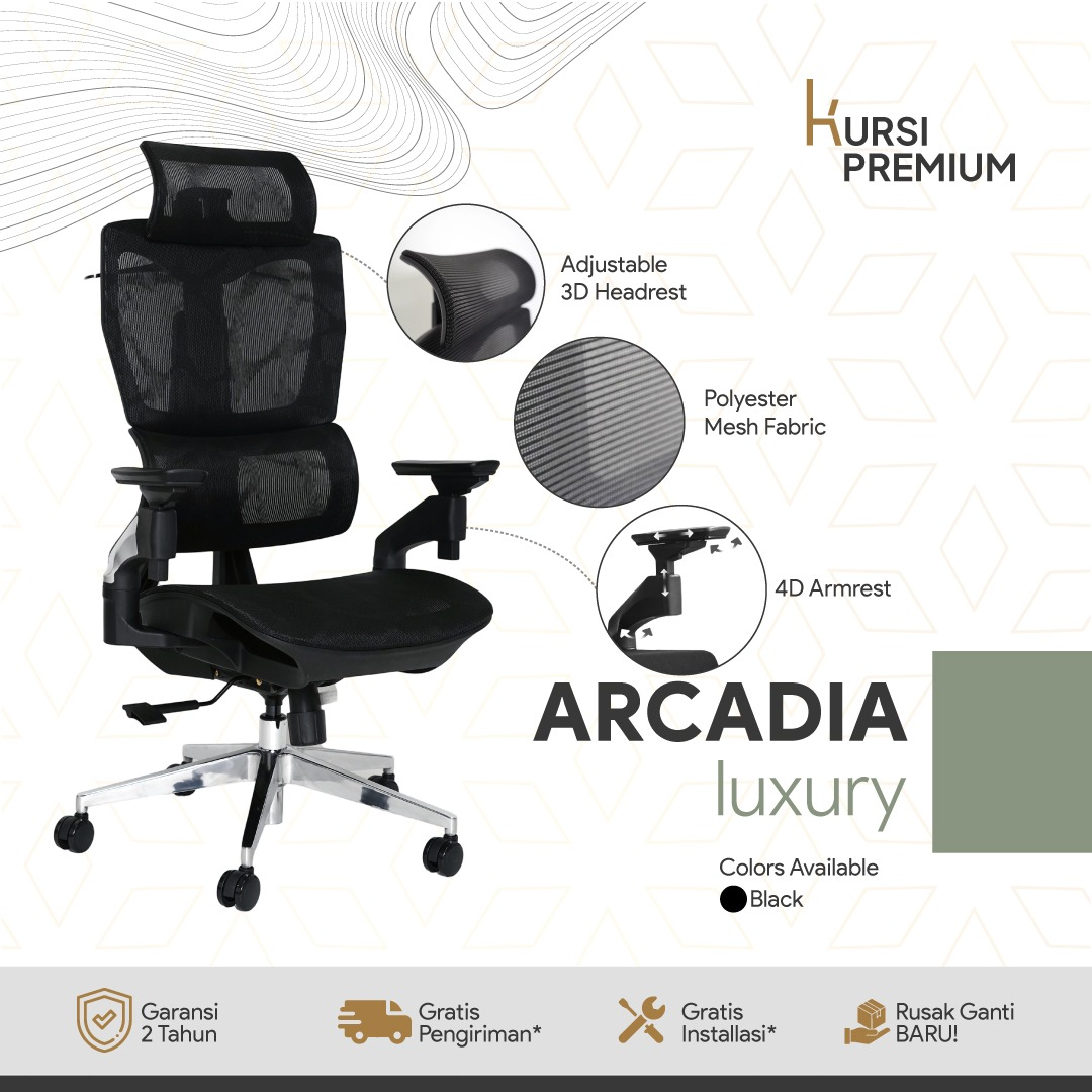 ARCADIA Luxury Kursi Premium Ergonomis Untuk Kantor Gamer Mesh Abu-Abu Bergaransi