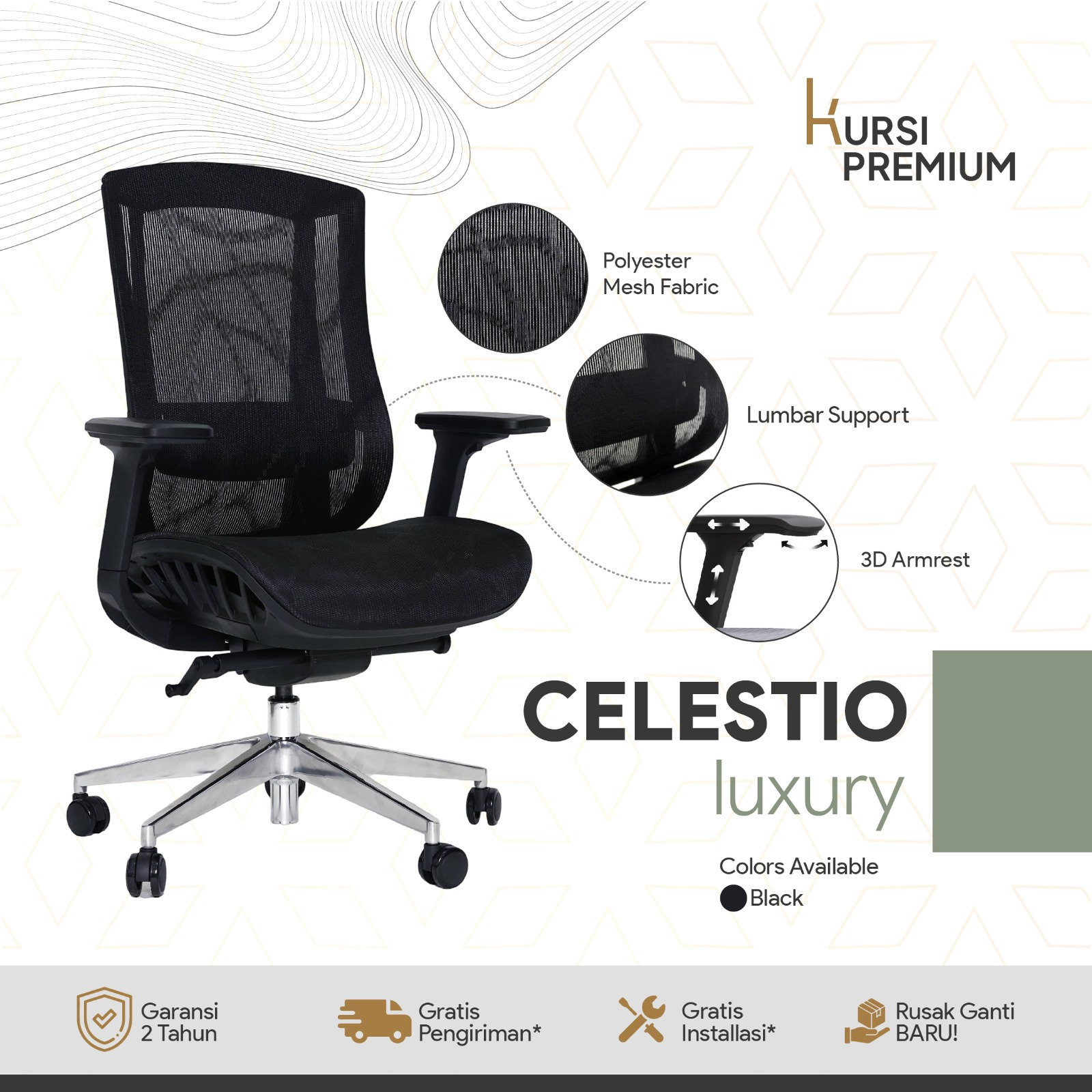 CELESTIO Luxury Kursi Premium Ergonomis Untuk Kantor Gamer Mesh Hitam Bergaransi