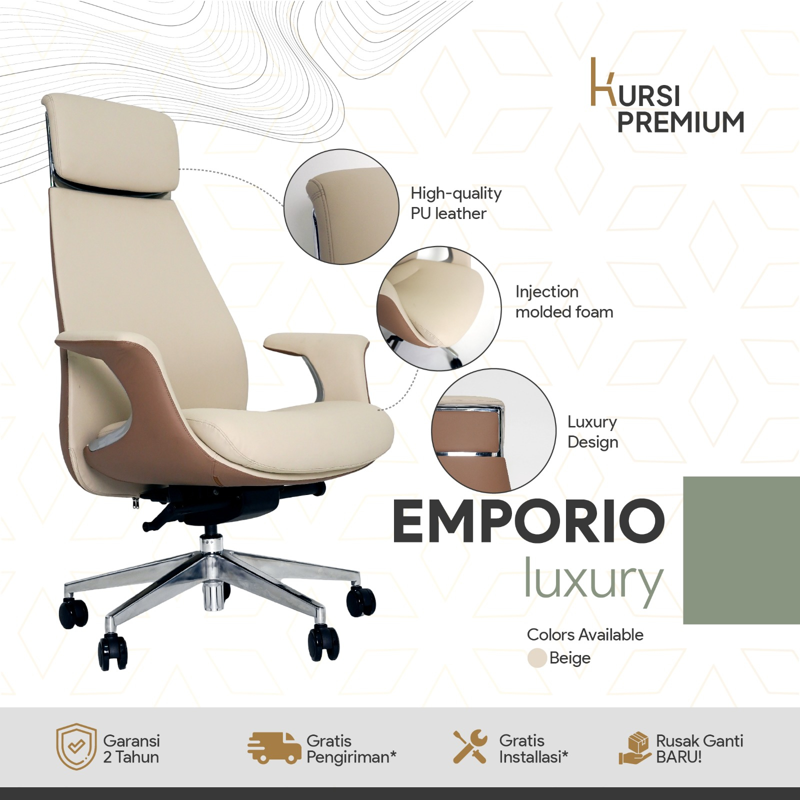 EMPORIO Luxury Kursi Premium Ergonomis Untuk Kantor Gamer Leather Beige Bergaransi