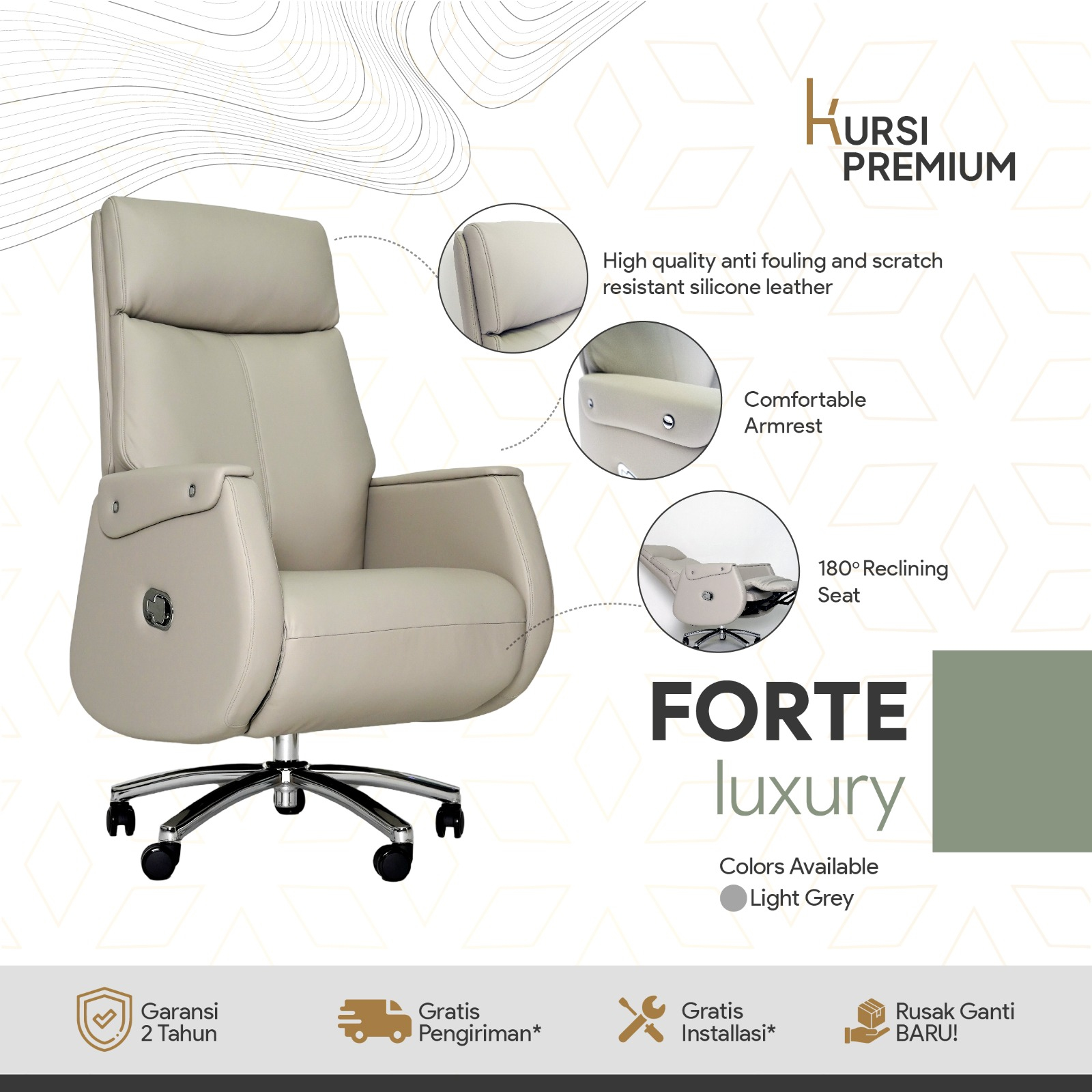 FORTE Luxury Kursi Premium Ergonomis Untuk Kantor Gamer Leather Light Grey Bergaransi