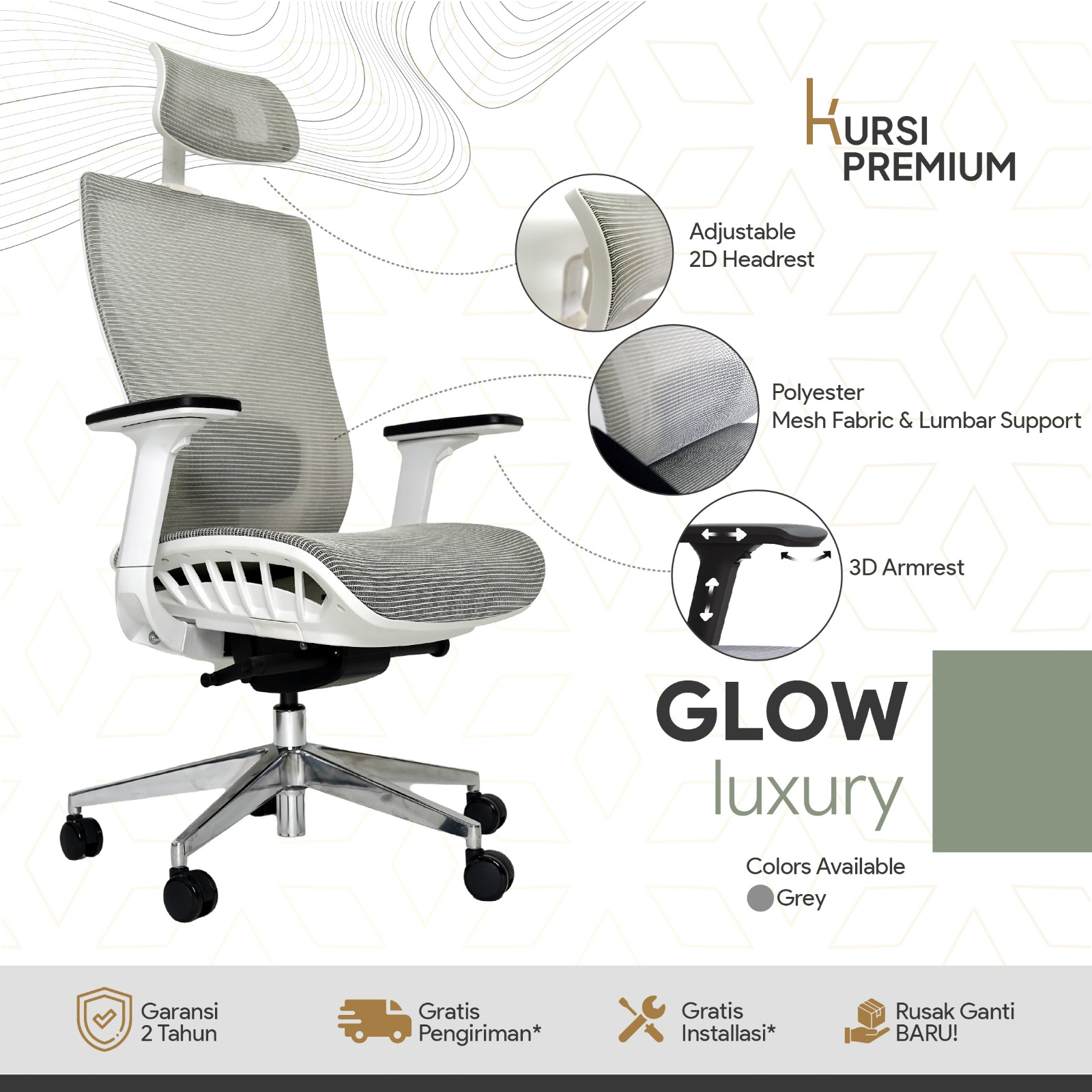 GLOW Luxury Kursi Premium Ergonomis Untuk Kantor Gamer Mesh Abu-Abu Bergaransi