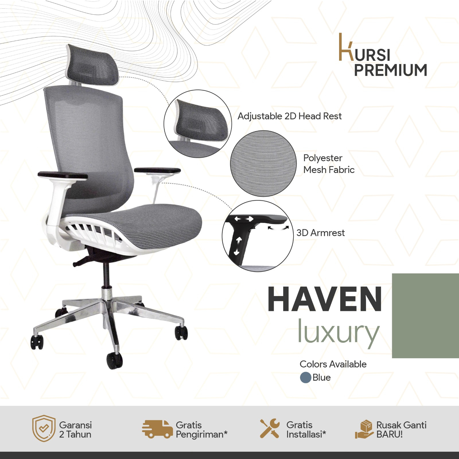 HAVEN Luxury Kursi Premium Ergonomis Untuk Kantor Gamer Mesh Biru Bergaransi