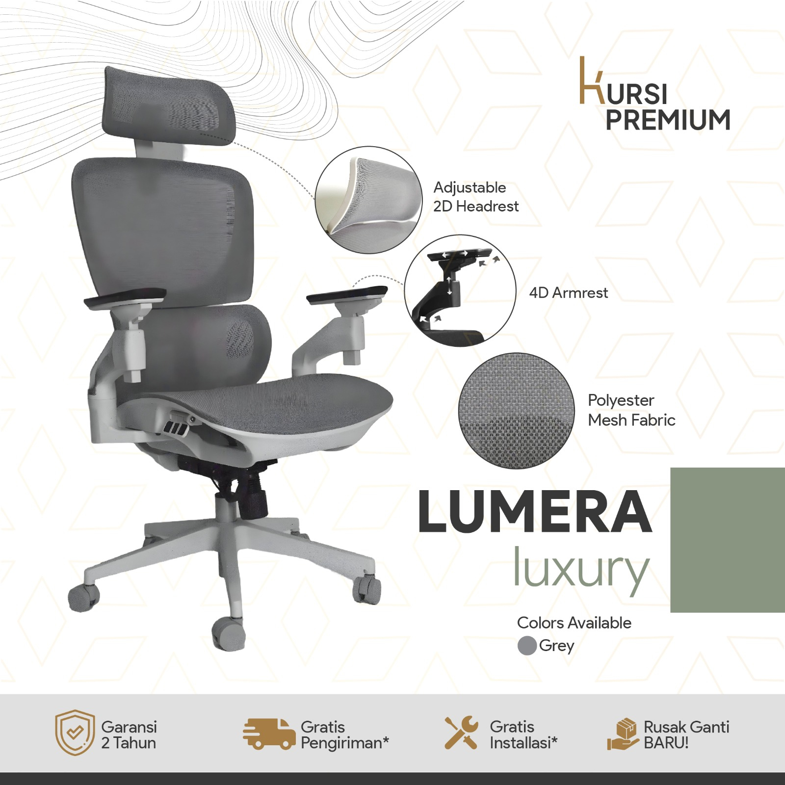 LUMERA Luxury Kursi Premium Ergonomis Untuk Kantor Gamer Mesh Abu-Abu Bergaransi