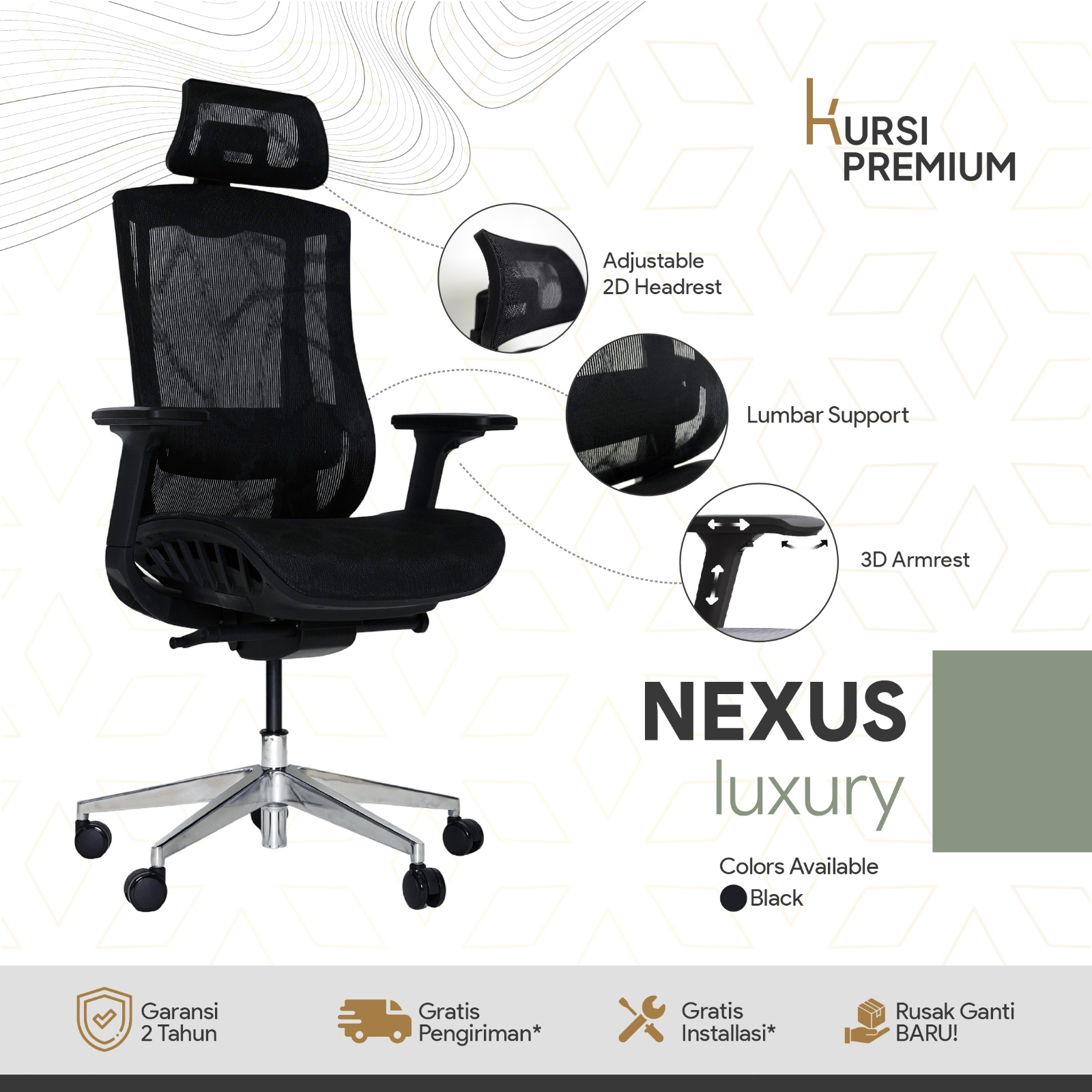 NEXUS Luxury Kursi Premium Ergonomis Untuk Kantor Gamer Mesh Hitam Bergaransi